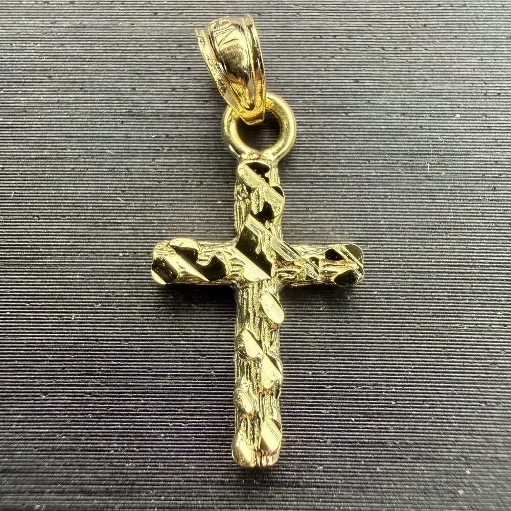 Solid 10k Italian Yellow Gold Nugget Cross Pendant .8